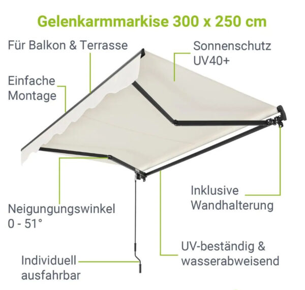 Відкідний настінний маркіз 300х250 см бежевий НімеччинаВідкідний настінний маркіз 300х250 см бежевий Німеччина